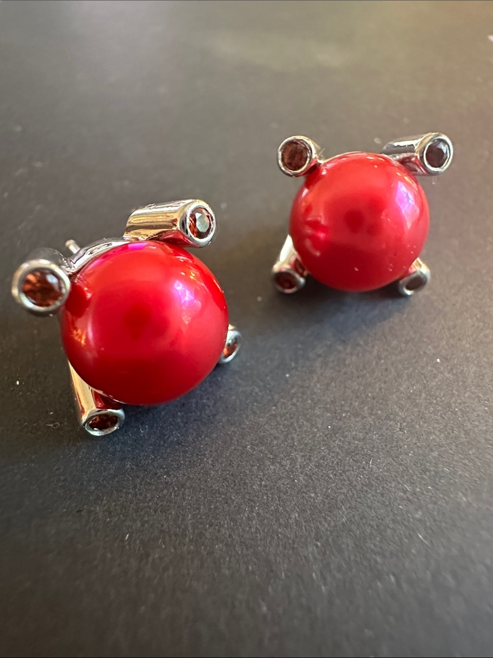 .5” Honora Real Cherry Pearl, Pink Sapphire Sterling Stud Backs, Mint, Marked